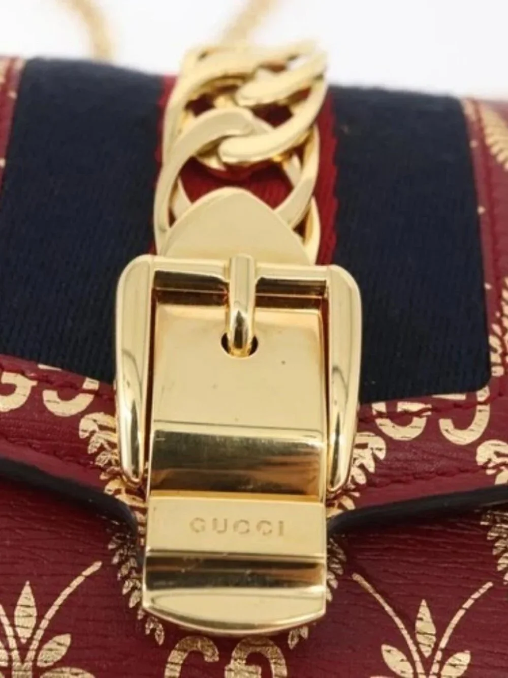 GUCCI GG Canvas Sylvie Sherry Line Chain Bag Leather Red 494646 Auth BAZ806A